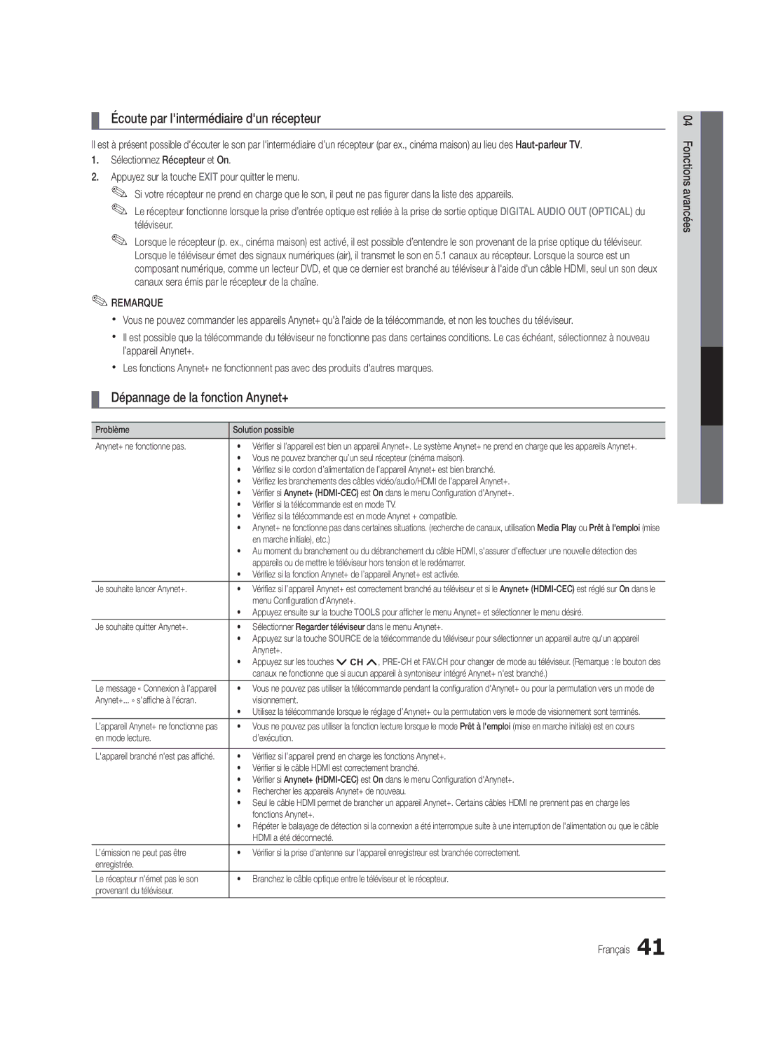 Samsung UC6800, BN68-02910B-03 user manual Écoute par lintermédiaire dun récepteur, Dépannage de la fonction Anynet+ 