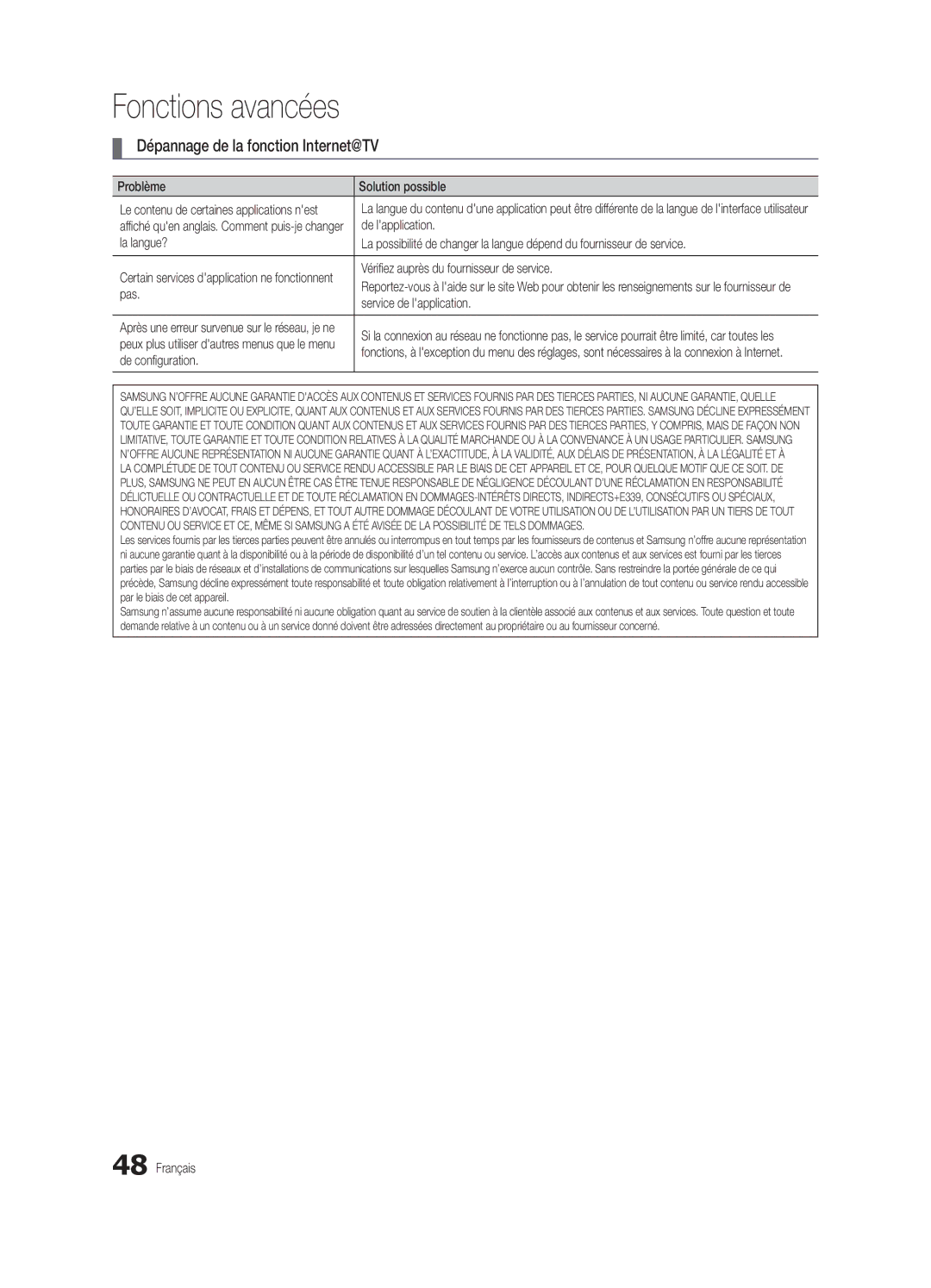 Samsung BN68-02910B-03, UC6800 user manual Dépannage de la fonction Internet@TV 