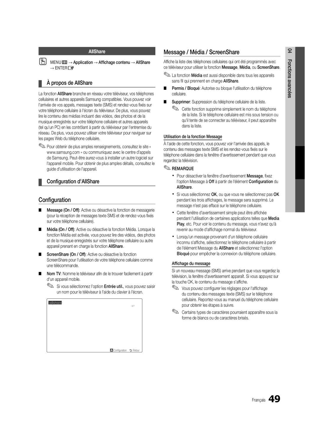 Samsung UC6800, BN68-02910B-03 user manual Message / Média / ScreenShare, Propos de AllShare, Configuration dAllShare 