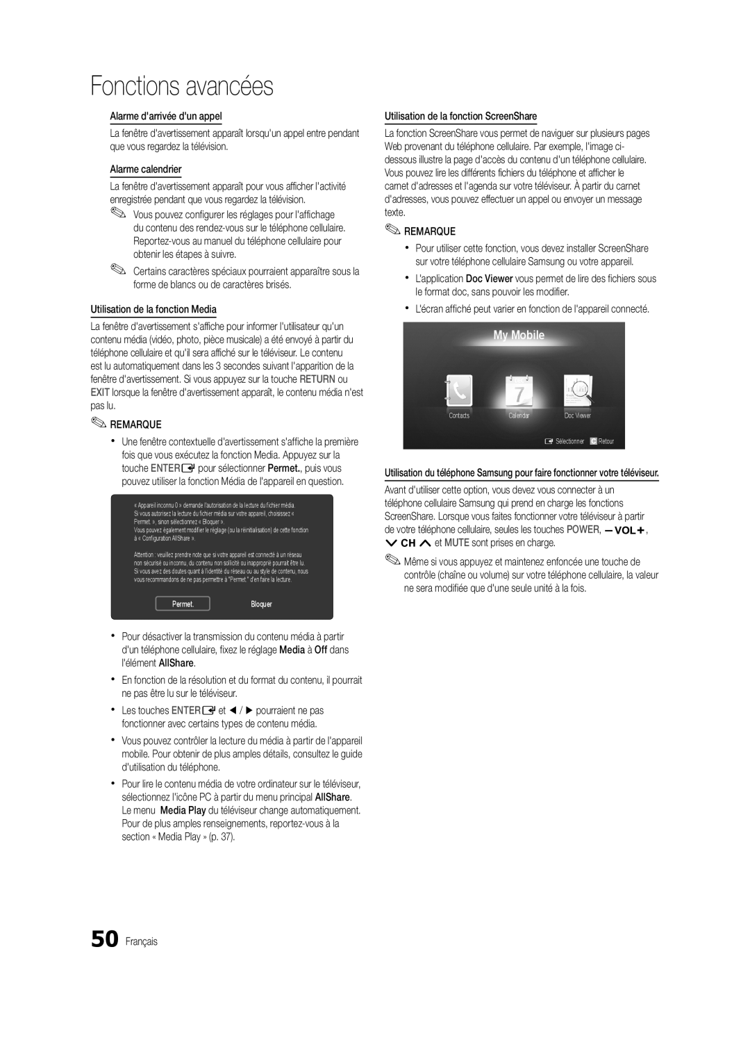 Samsung BN68-02910B-03, UC6800 user manual Alarme darrivée dun appel, Alarme calendrier, Utilisation de la fonction Media 