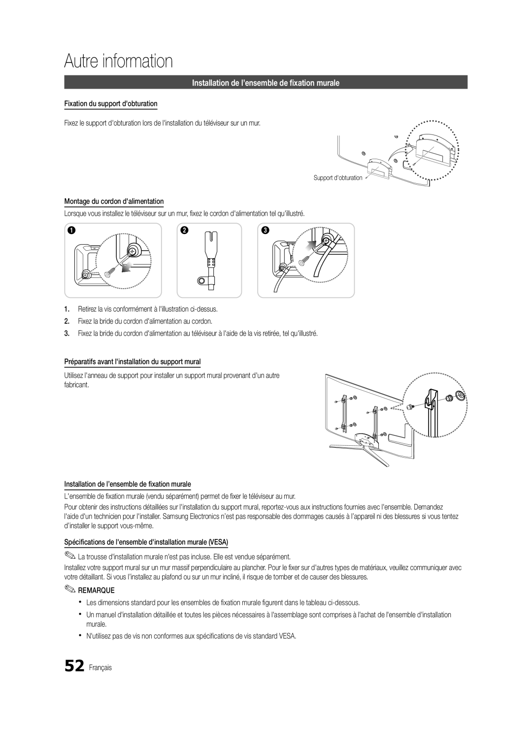 Samsung BN68-02910B-03, UC6800 user manual Installation de l’ensemble de fixation murale, Support dobturation 