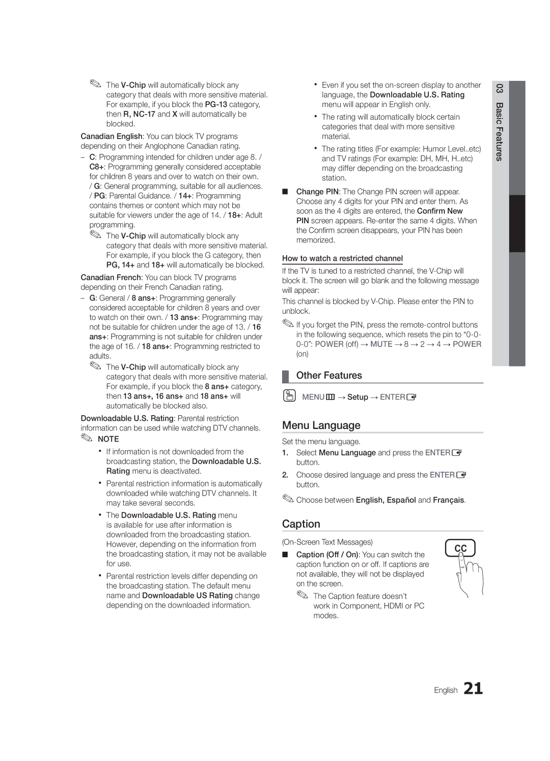 Samsung UC6800, BN68-02910B-03 user manual Menu Language, Caption 