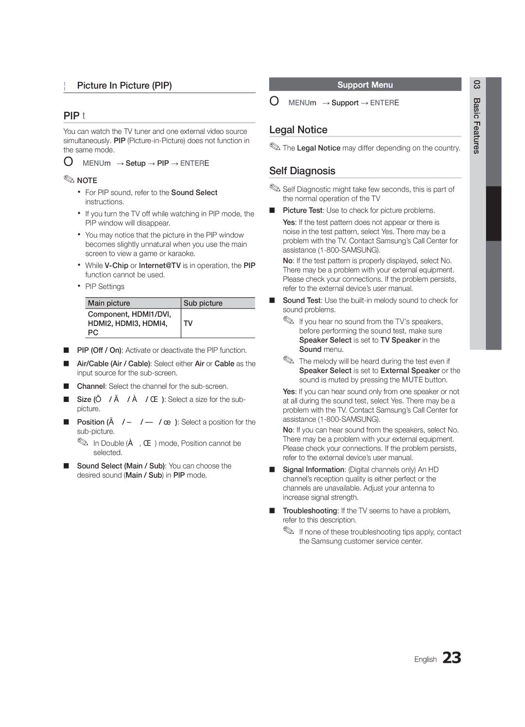 Samsung UC6800, BN68-02910B-03 user manual PIP t, Legal Notice, Self Diagnosis, Picture In Picture PIP, Support Menu 