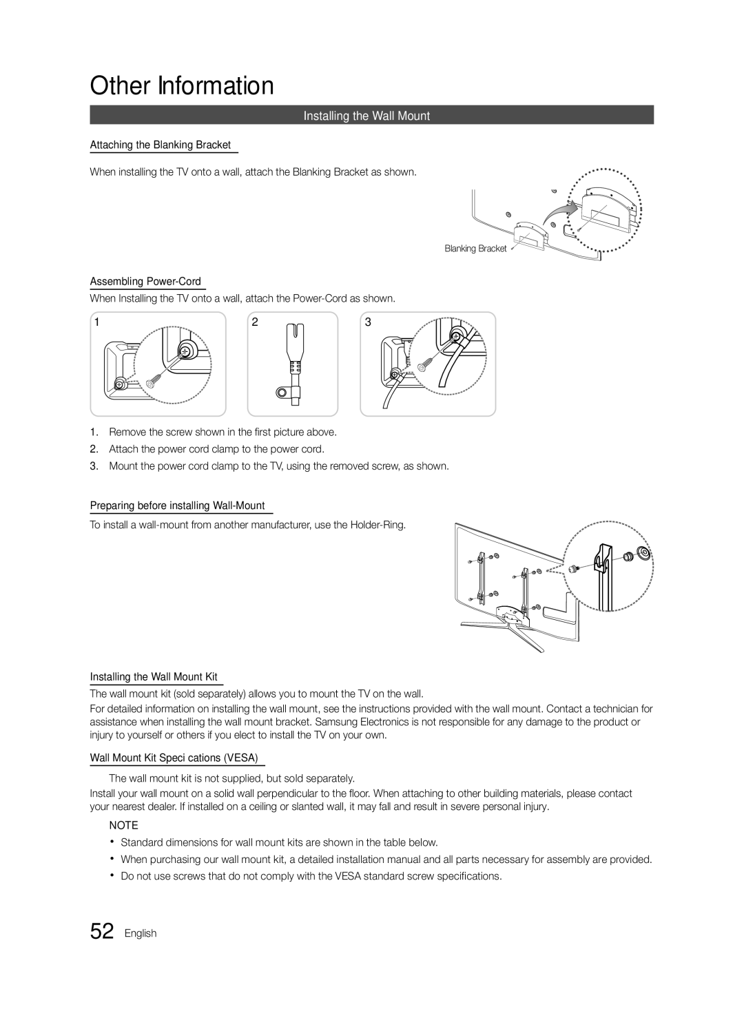 Samsung BN68-02910B-03, UC6800 user manual Installing the Wall Mount, Blanking Bracket 