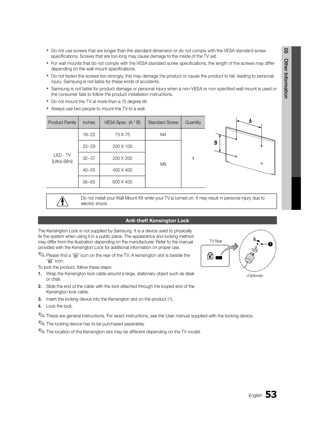 Samsung UC6800, BN68-02910B-03 user manual Anti-theft Kensington Lock 