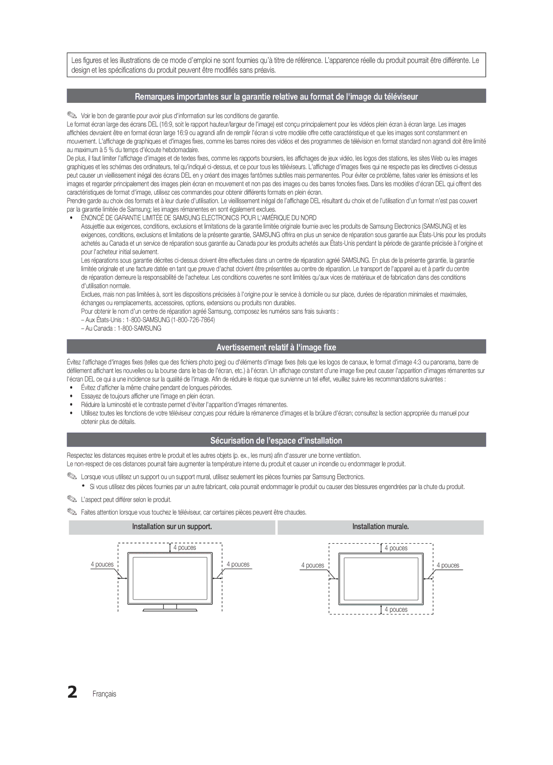 Samsung BN68-02910B-03 Avertissement relatif à limage fixe, Sécurisation de l’espace d’installation, Français, Pouces 