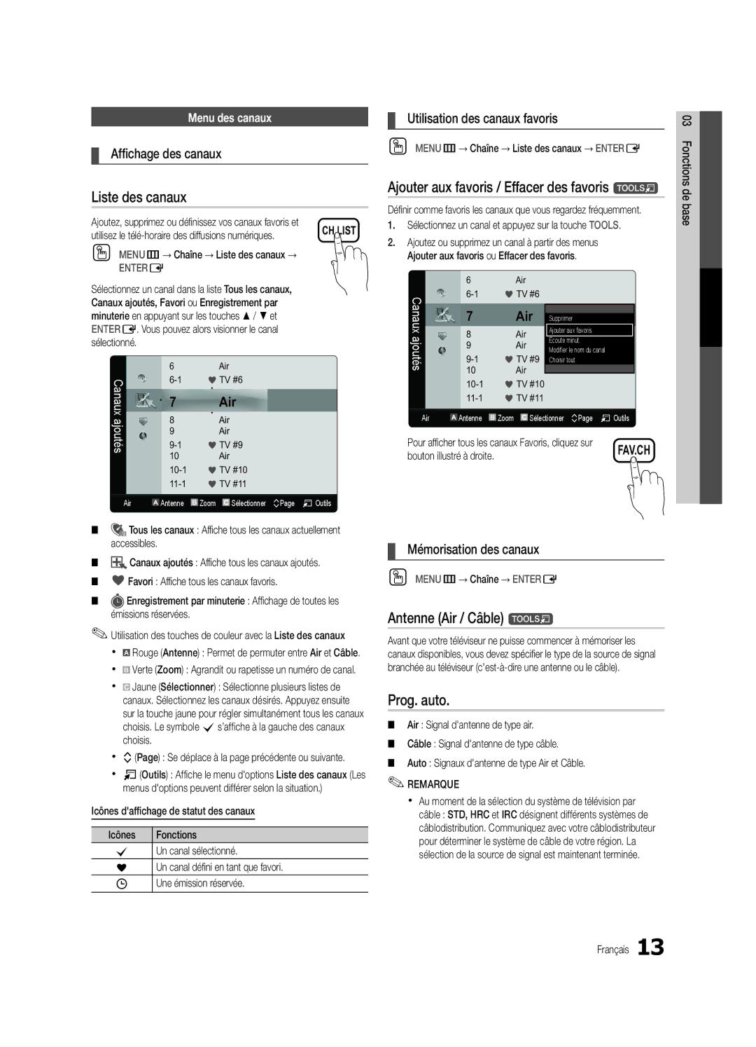 Samsung UC6800 user manual Liste des canaux, Ajouter aux favoris / Effacer des favoris t, Antenne Air / Câble t, Prog. auto 