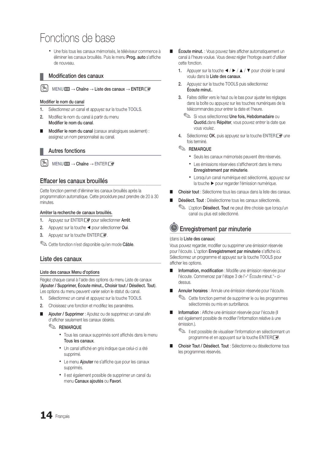 Samsung BN68-02910B-03, UC6800 Effacer les canaux brouillés, Enregistrement par minuterie, Modification des canaux 