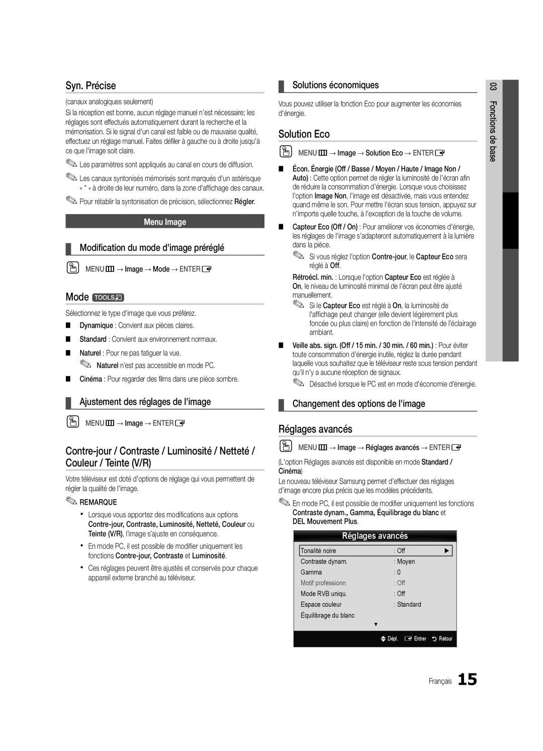 Samsung UC6800, BN68-02910B-03 user manual Syn. Précise, Solution Eco, Réglages avancés 