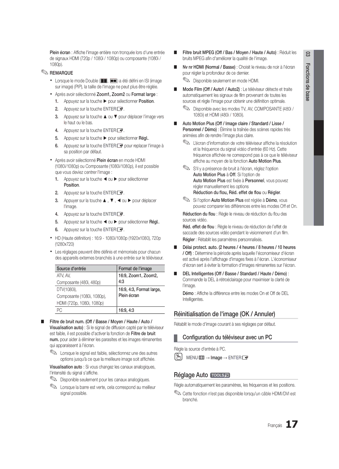 Samsung UC6800 user manual Réinitialisation de limage OK / Annuler, Réglage Auto t, Configuration du téléviseur avec un PC 