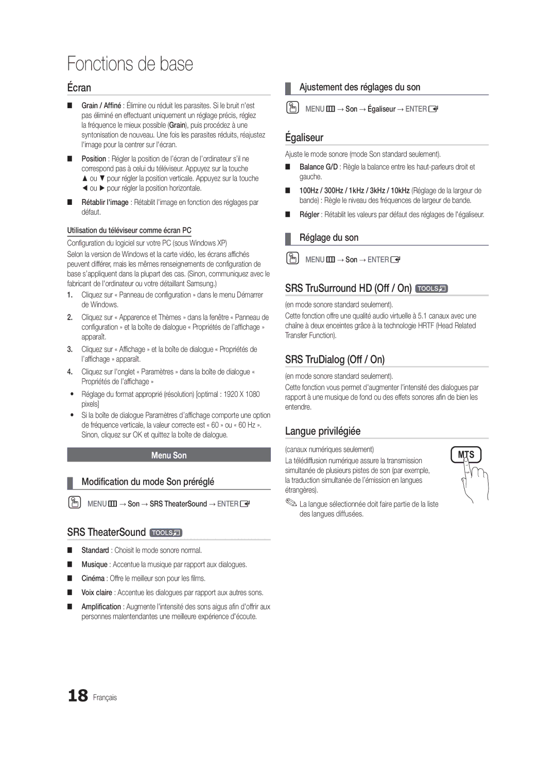 Samsung BN68-02910B-03, UC6800 user manual Écran, Égaliseur, Langue privilégiée 