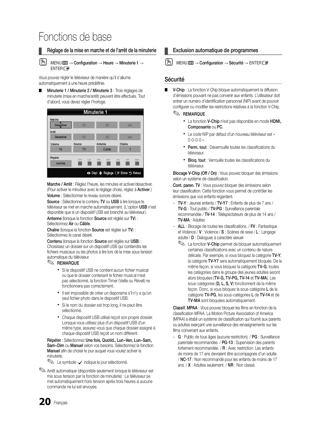 Samsung BN68-02910B-03, UC6800 user manual Sécurité, Exclusion automatique de programmes, Minuterie 