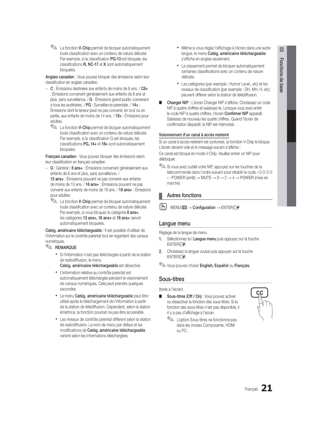 Samsung UC6800, BN68-02910B-03 user manual Langue menu, Sous-titres 