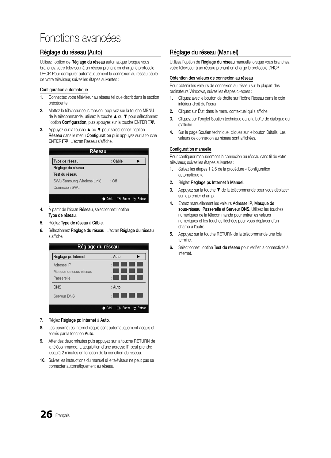 Samsung BN68-02910B-03, UC6800 user manual Réglage du réseau Auto, Réglage du réseau Manuel, Réseau 