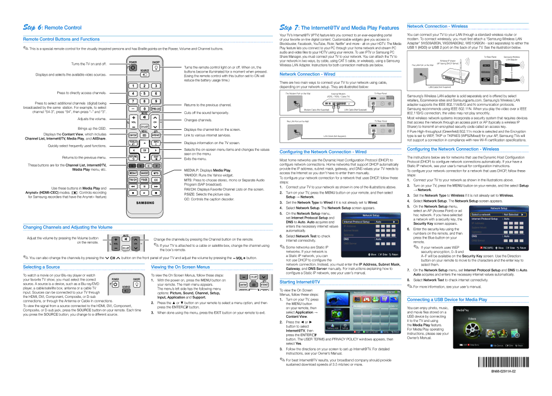 Samsung BN68-02911A-02 setup guide Remote Control, Internet@TV and Media Play Features 