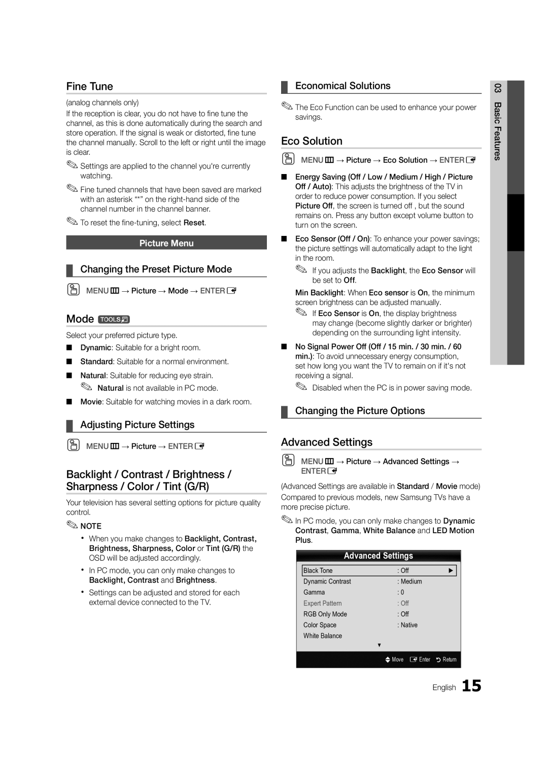 Samsung BN68-02924A-02, UN55C6900, UN46C6900 user manual Fine Tune, Mode t, Eco Solution, Advanced Settings 