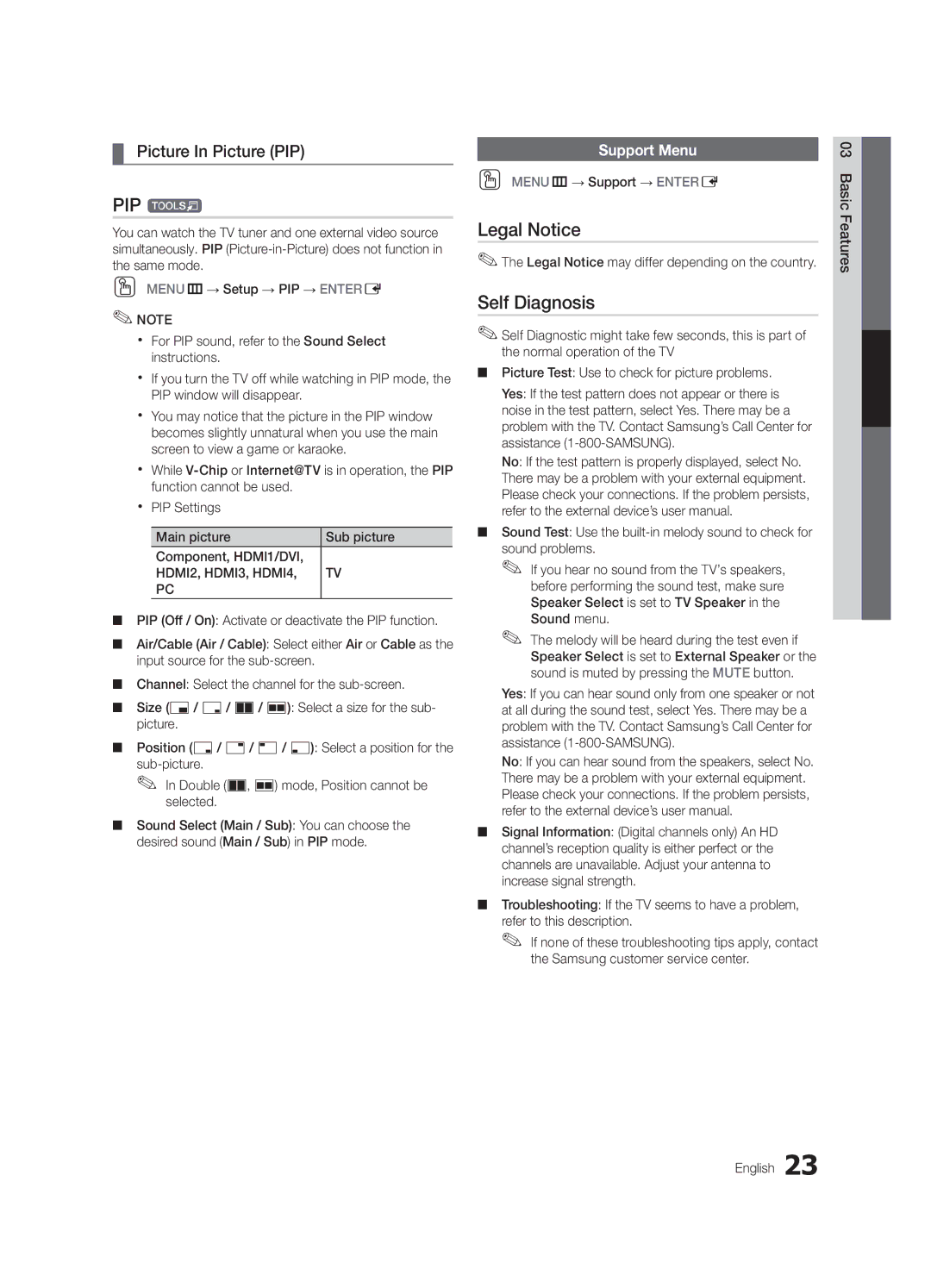 Samsung UN46C6900, BN68-02924A-02, UN55C6900 PIP t, Legal Notice, Self Diagnosis, Picture In Picture PIP, Support Menu 