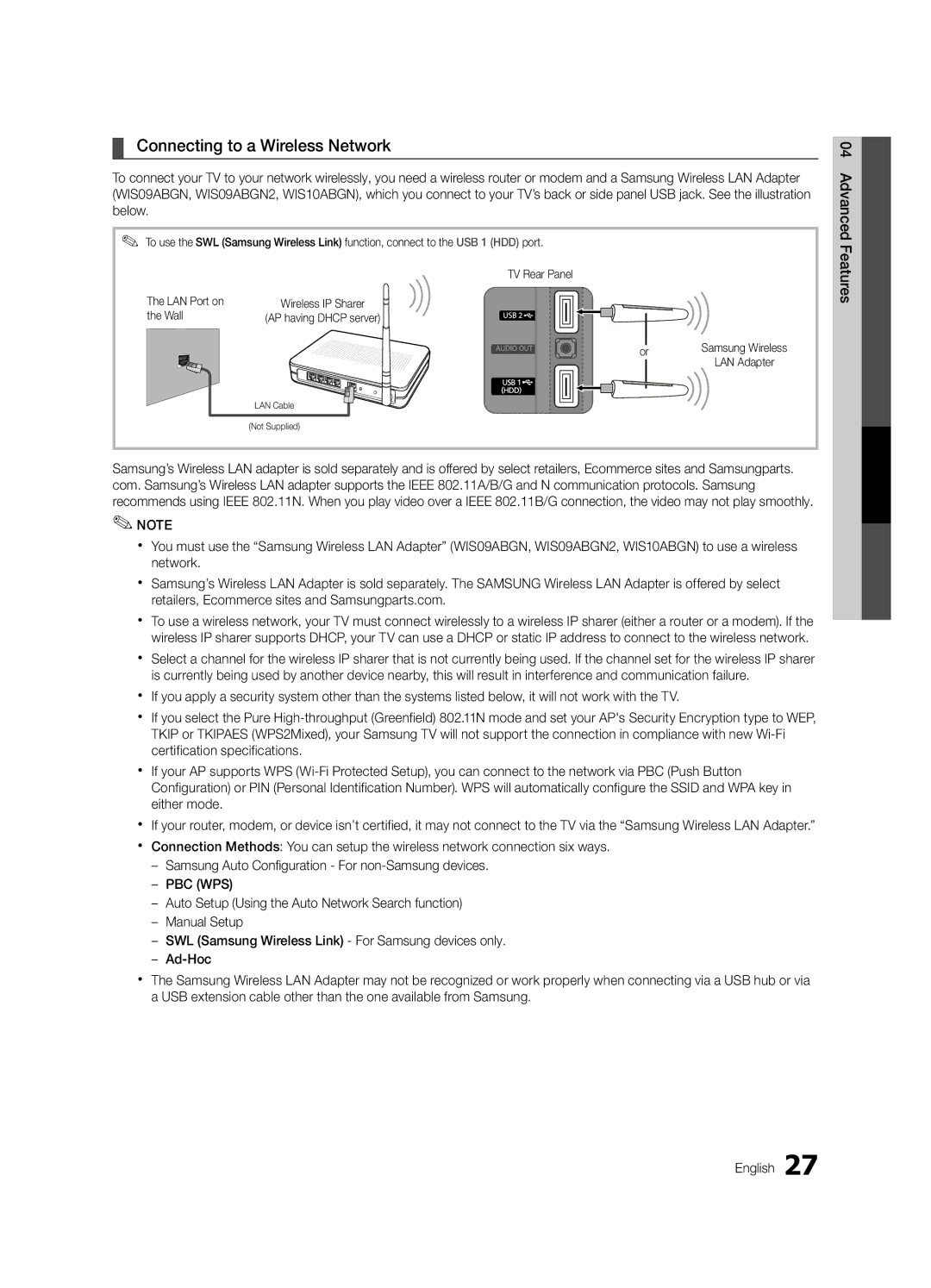 Samsung BN68-02924A-02, UN55C6900, UN46C6900 user manual Connecting to a Wireless Network, Wall 