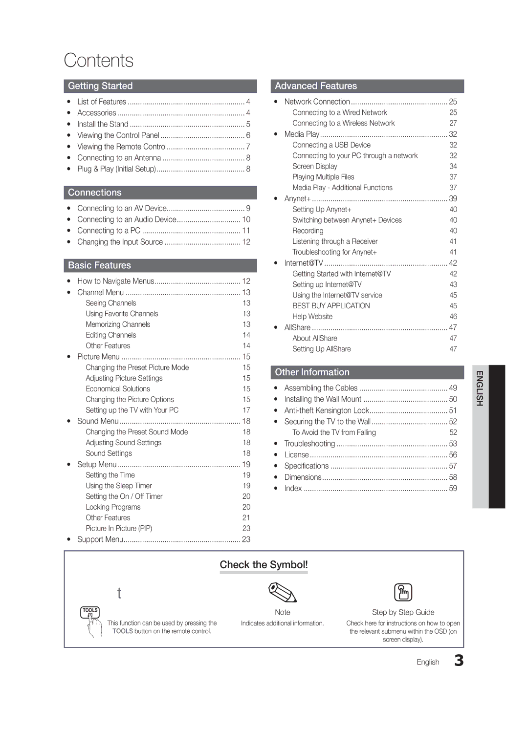 Samsung BN68-02924A-02, UN55C6900, UN46C6900 user manual Contents 