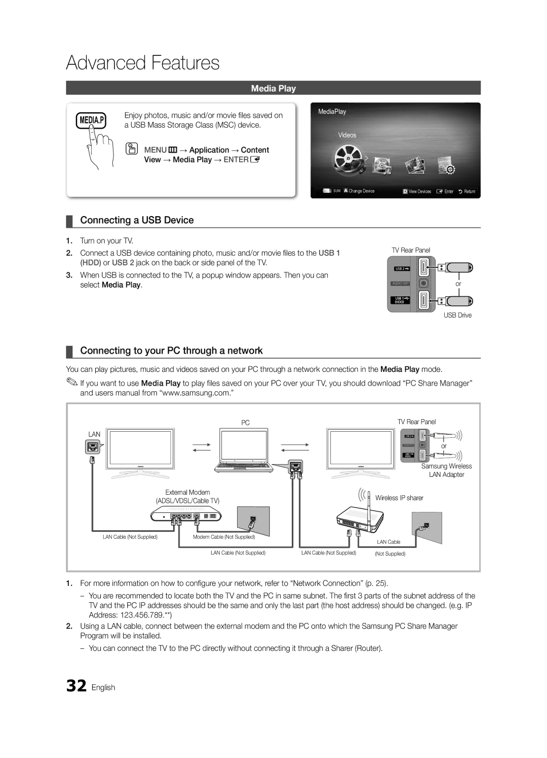 Samsung UN46C6900, BN68-02924A-02, UN55C6900 Connecting a USB Device, Connecting to your PC through a network, Media Play 