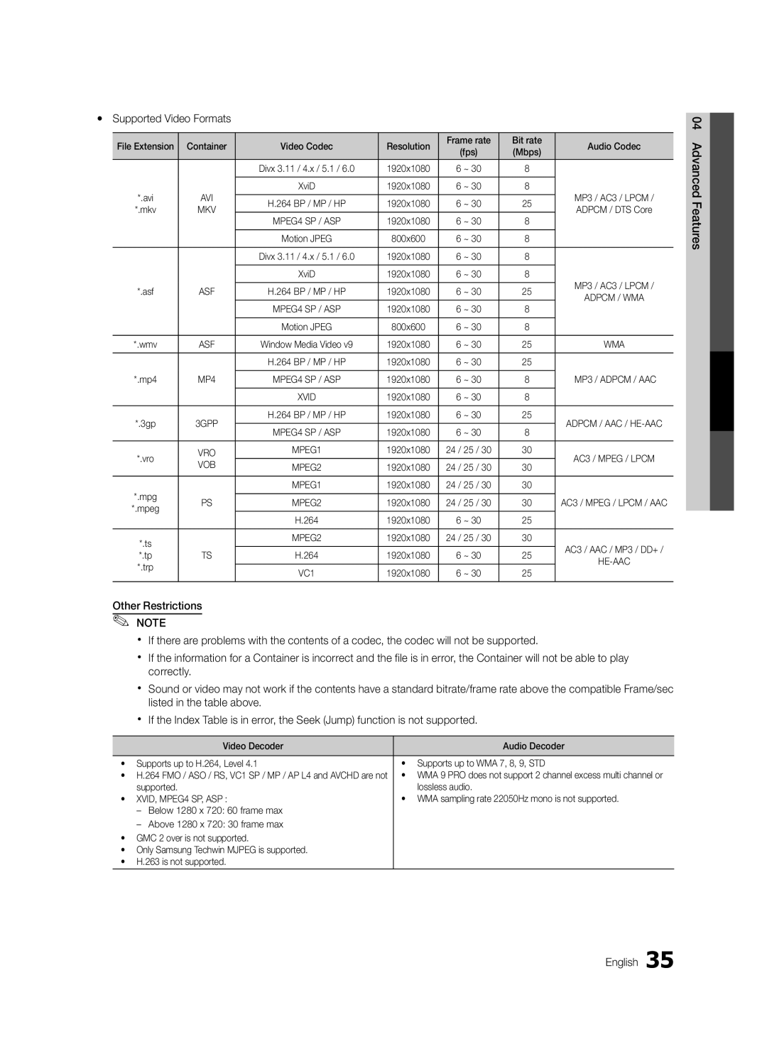 Samsung UN46C6900, BN68-02924A-02, UN55C6900 user manual Yy Supported Video Formats 