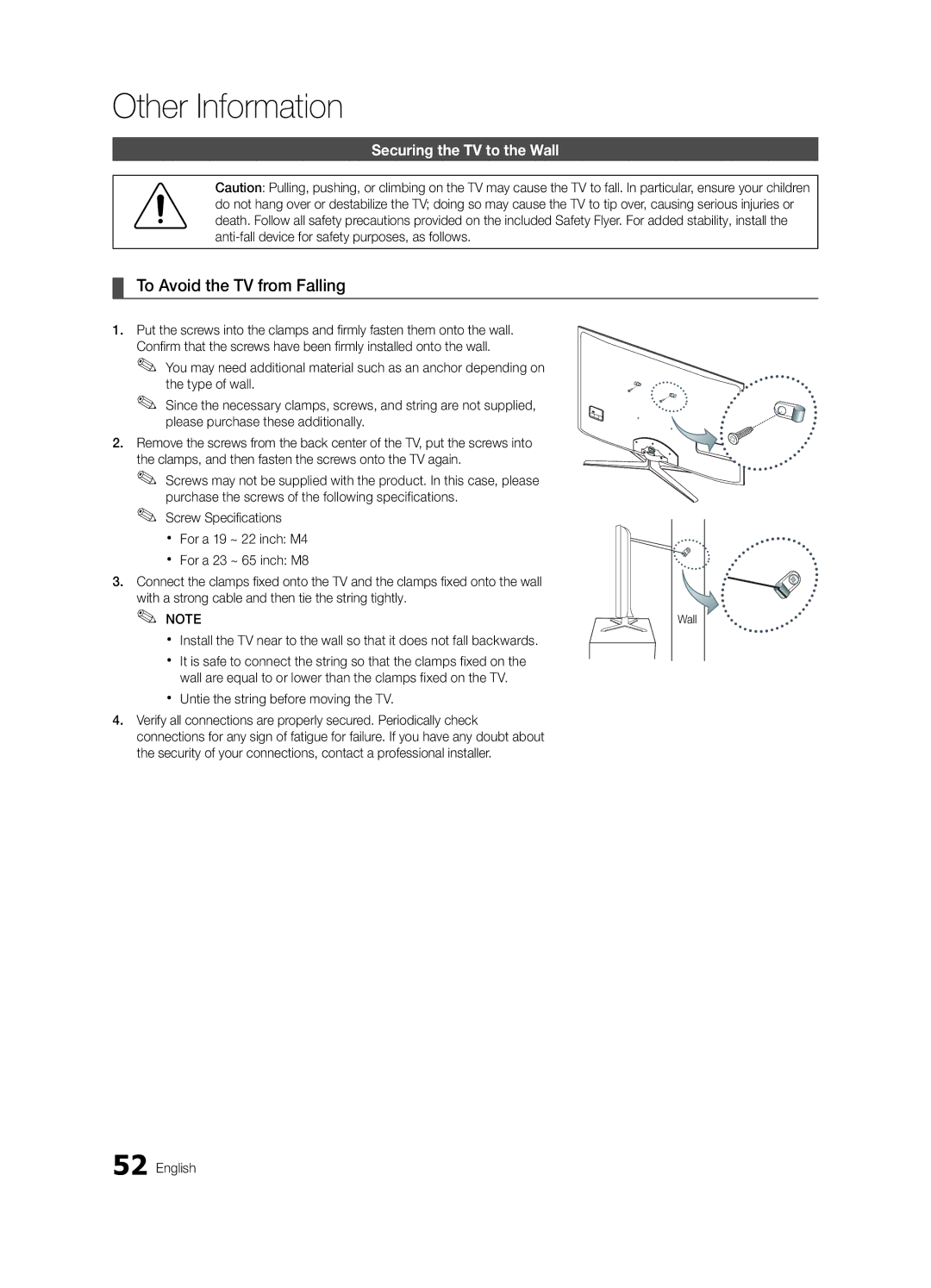 Samsung UN55C6900 To Avoid the TV from Falling, Securing the TV to the Wall, Xx Untie the string before moving the TV 