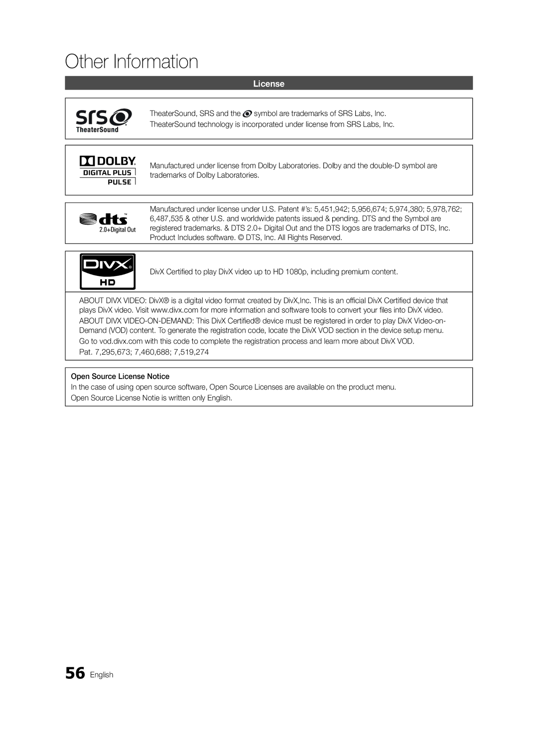 Samsung UN46C6900, BN68-02924A-02, UN55C6900 user manual License 