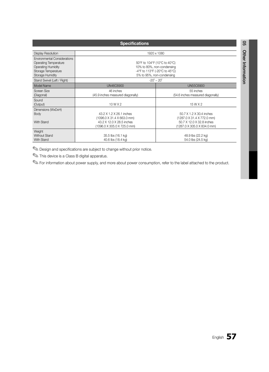 Samsung BN68-02924A-02, UN55C6900, UN46C6900 user manual Specifications 