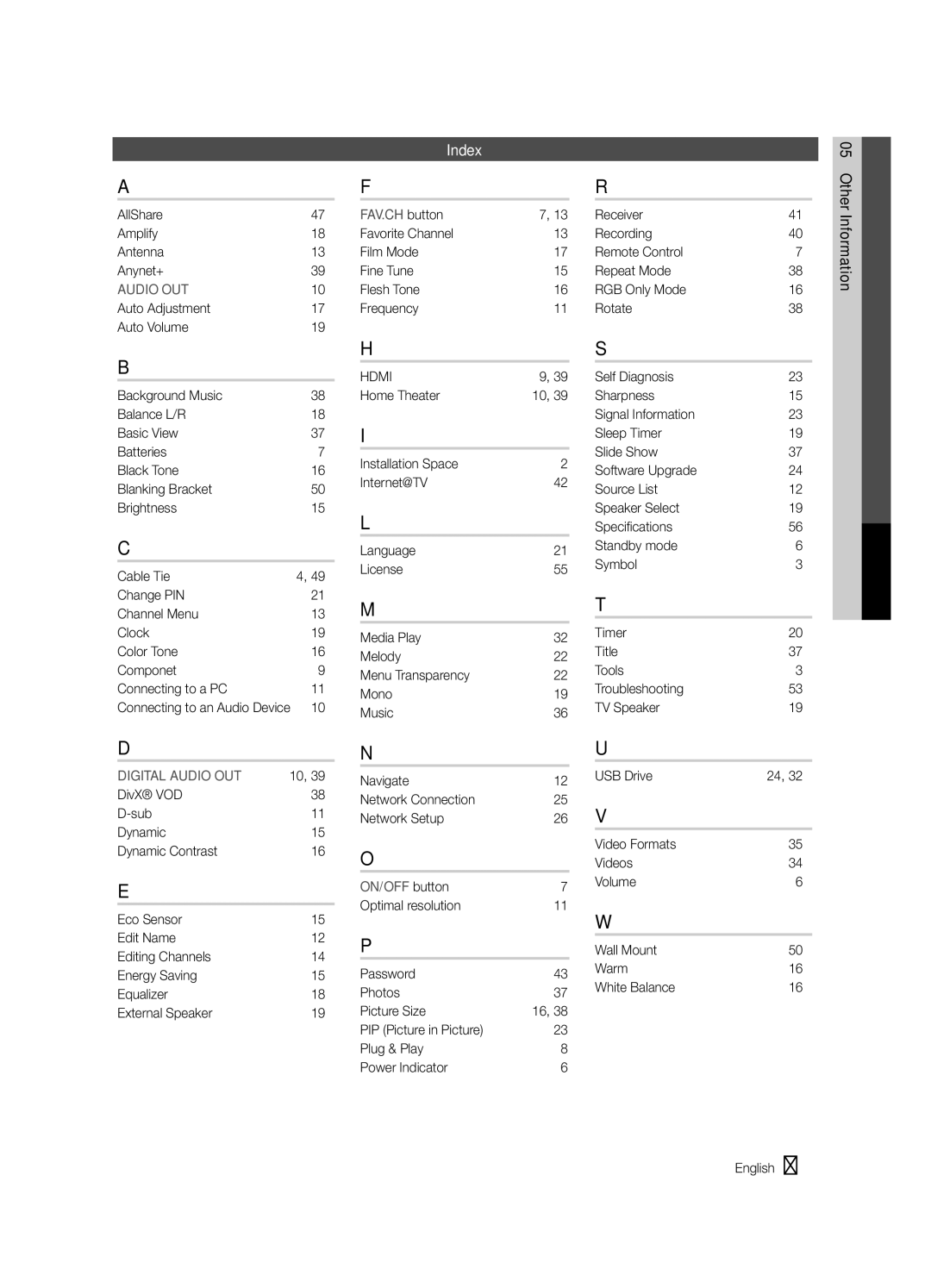 Samsung UN46C6900 Index, AllShare Amplify Antenna Anynet+, Favorite Channel Film Mode Fine Tune Flesh Tone Frequency 