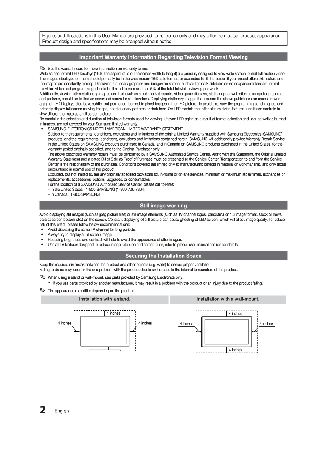 Samsung UN46C6900 Important Warranty Information Regarding Television Format Viewing, Still image warning, English 