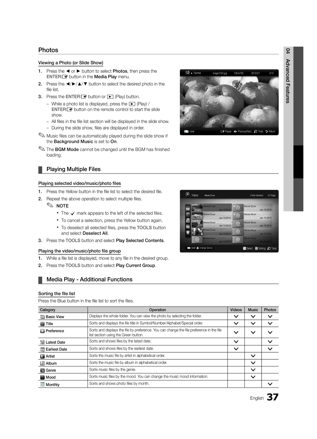 Samsung UN55C6900, BN68-02924A-02, UN46C6900 user manual Photos, Playing Multiple Files, Media Play - Additional Functions 