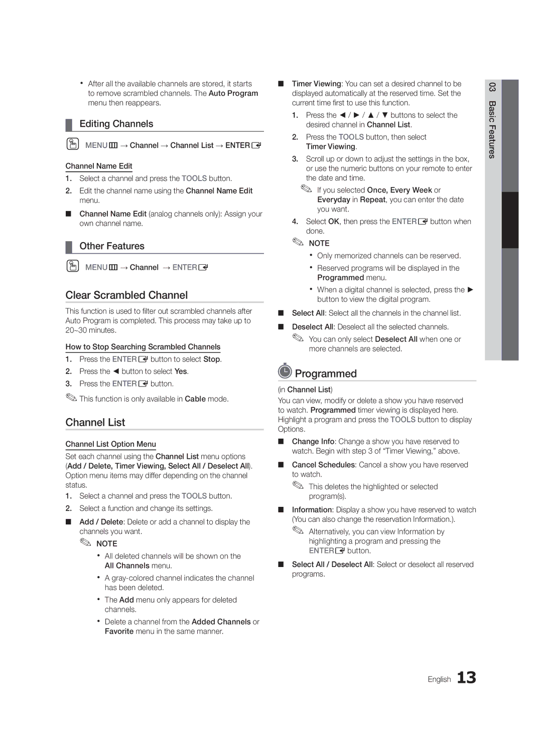 Samsung UN60C6300SFXZA, BN68-02956A-02 user manual Clear Scrambled Channel, Programmed, Editing Channels, Other Features 