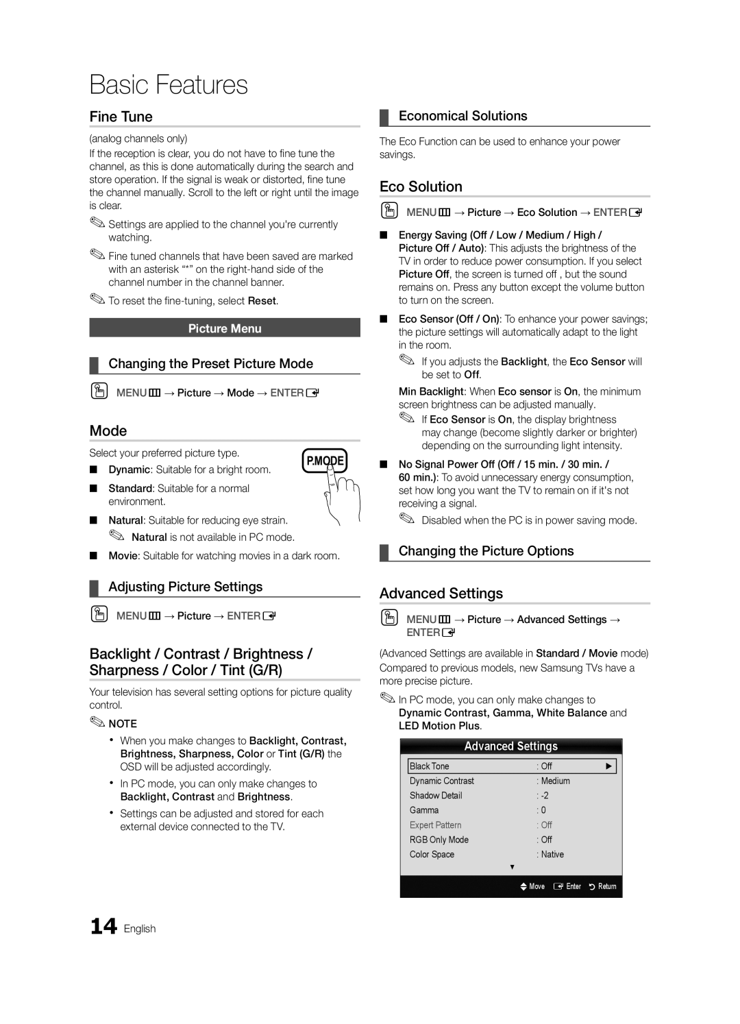 Samsung Series C6 6300, BN68-02956A-02, UN60C6300SFXZA user manual Fine Tune, Mode, Eco Solution, Advanced Settings 