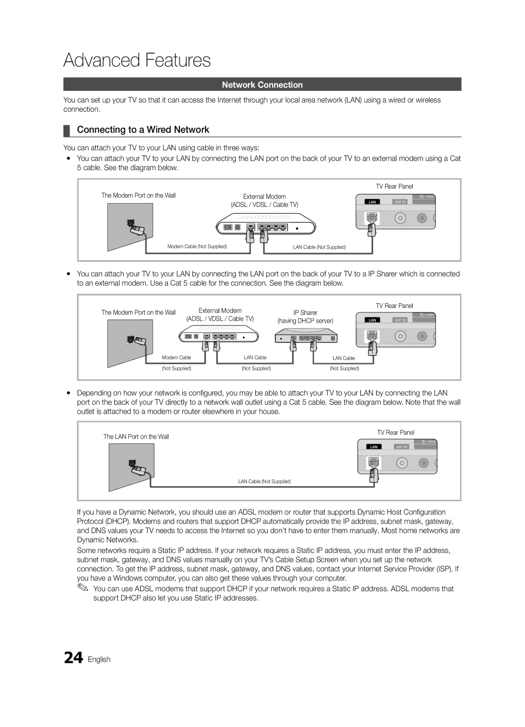 Samsung BN68-02956A-02 Connecting to a Wired Network, Network Connection, Modem Port on the Wall, LAN Port on the Wall 