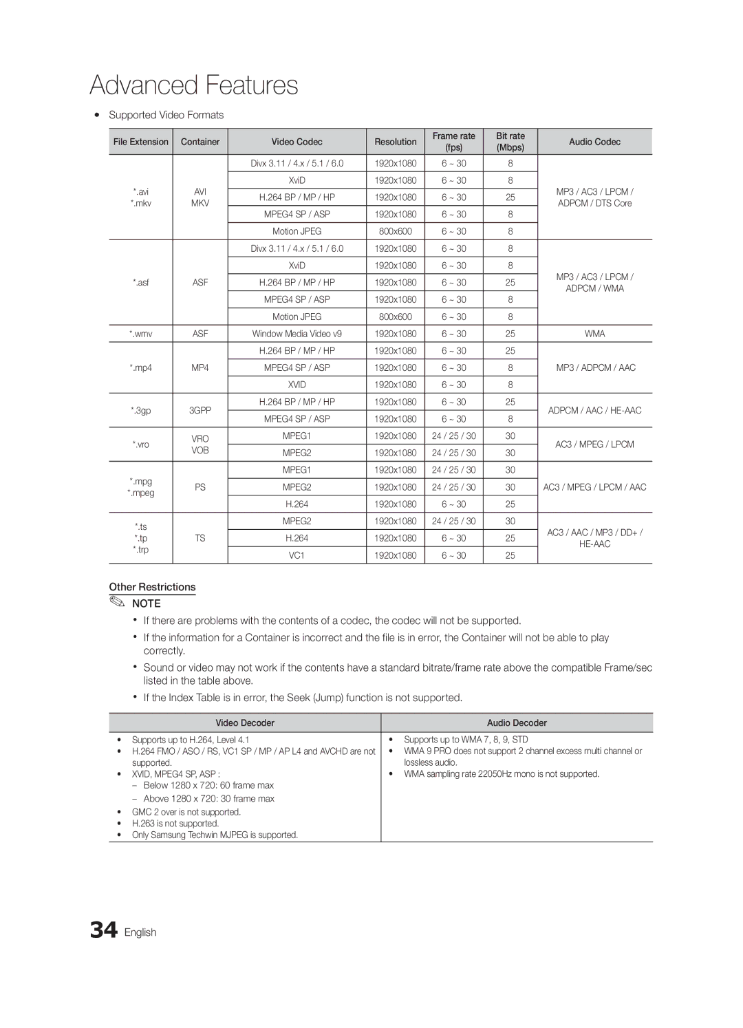 Samsung UN60C6300SFXZA, BN68-02956A-02 user manual Yy Supported Video Formats, Mbps, 1920x1080, Supported Lossless audio 