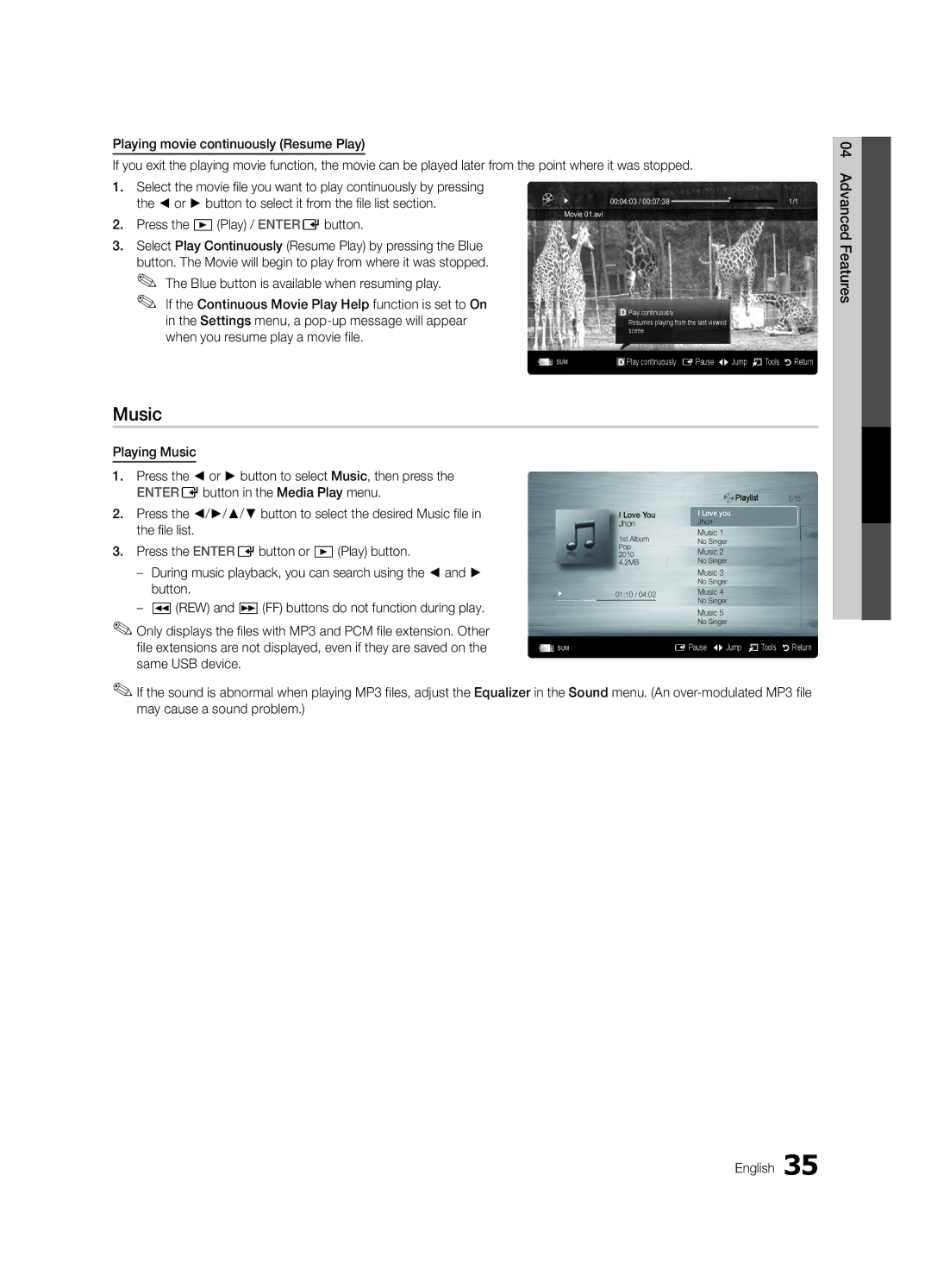 Samsung Series C6 6300, BN68-02956A-02, UN60C6300SFXZA user manual Music 