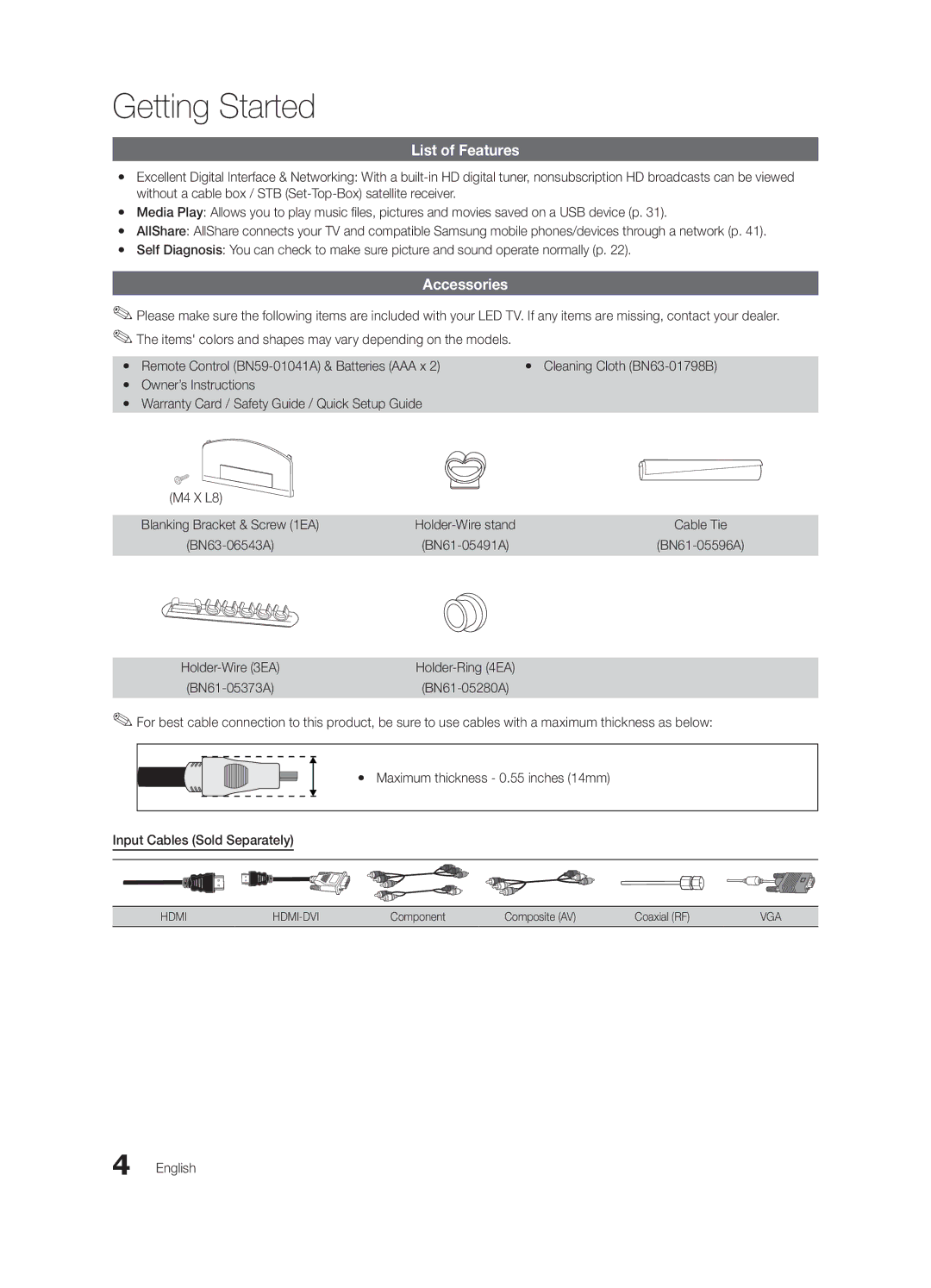 Samsung UN60C6300SFXZA List of Features, Accessories, Yy Cleaning Cloth BN63-01798B, Component Composite AV Coaxial RF 