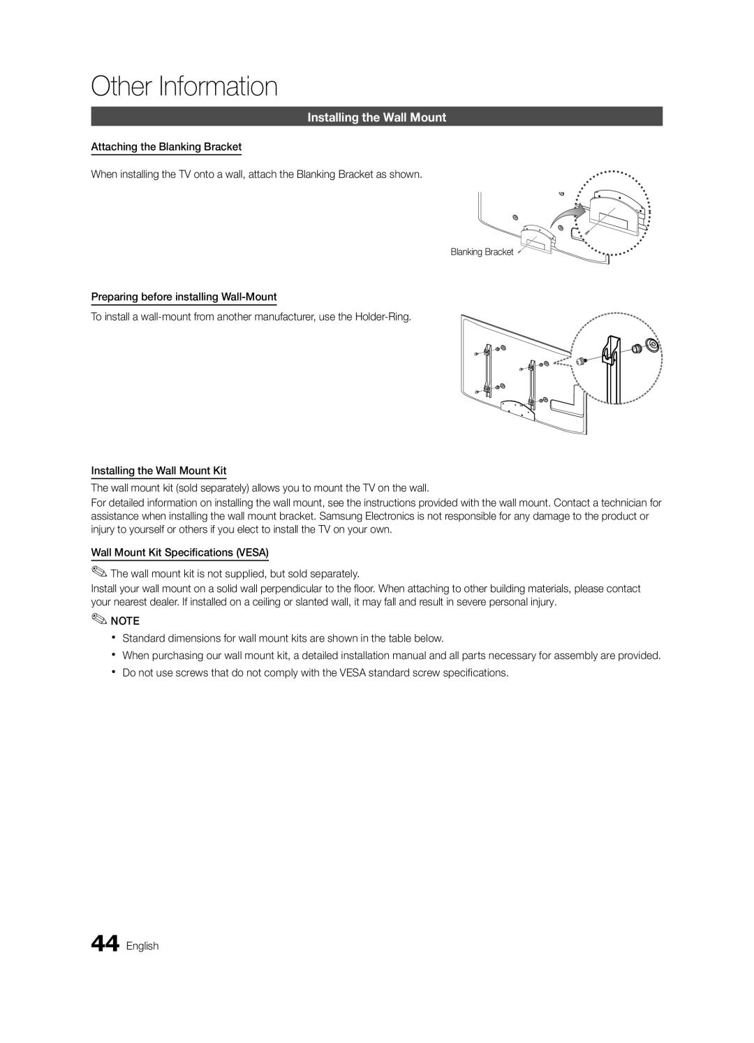 Samsung Series C6 6300, BN68-02956A-02, UN60C6300SFXZA user manual Installing the Wall Mount, Blanking Bracket 