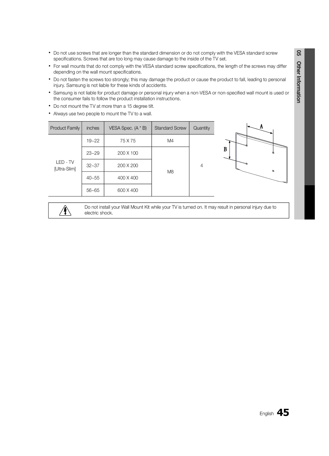 Samsung BN68-02956A-02, UN60C6300SFXZA, Series C6 6300 Product Family Inches, Quantity, 19~22, 23~29, 32~37, 40~55, 56~65 