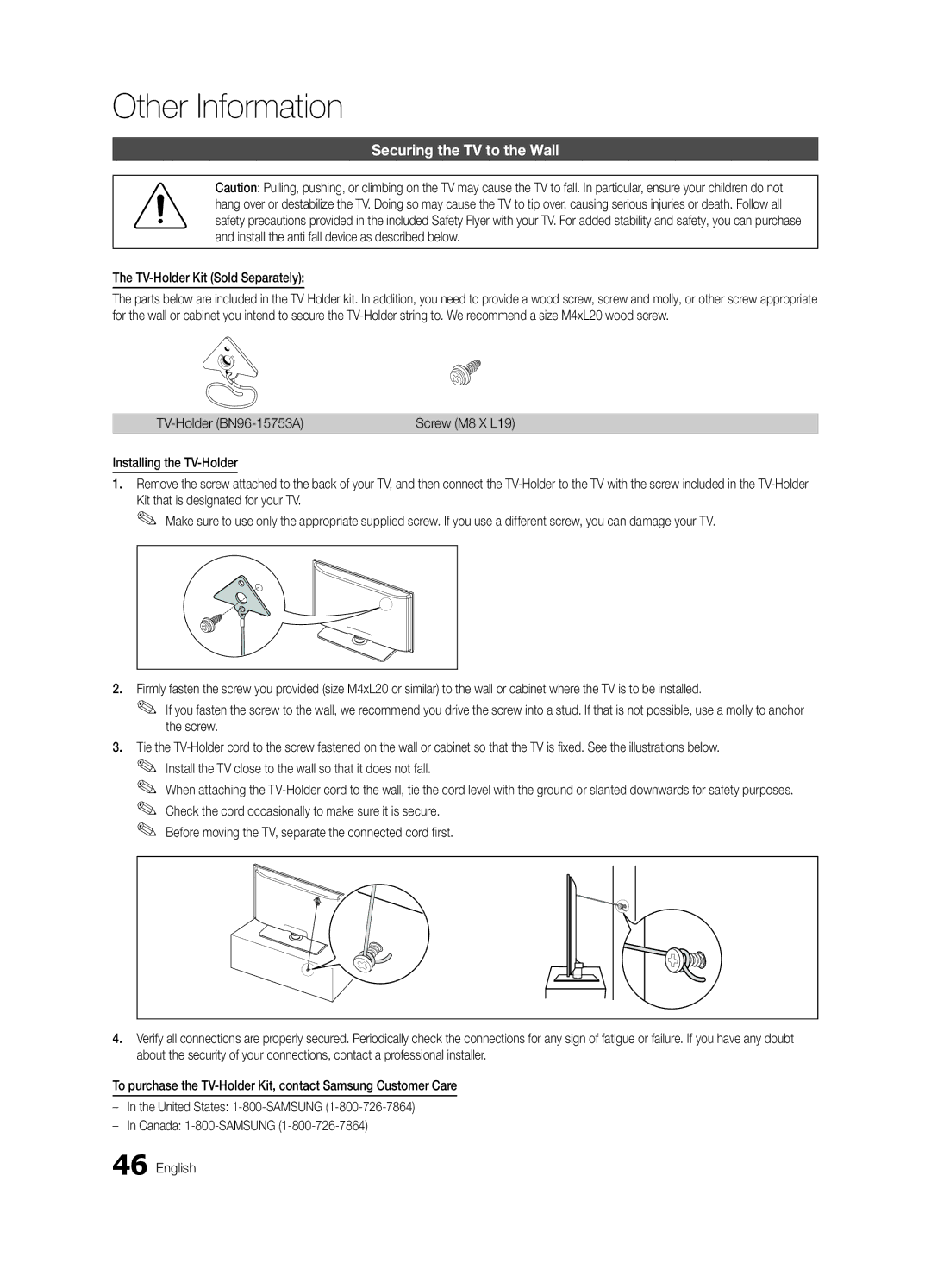 Samsung UN60C6300SFXZA Securing the TV to the Wall, TV-Holder Kit Sold Separately, TV-Holder BN96-15753A, Screw M8 X L19 