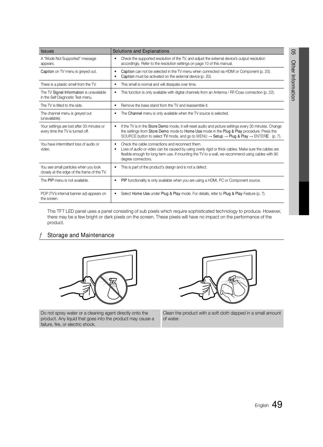 Samsung UN60C6300SFXZA Storage and Maintenance, Caption must be activated on the external device p, Degree connectors 