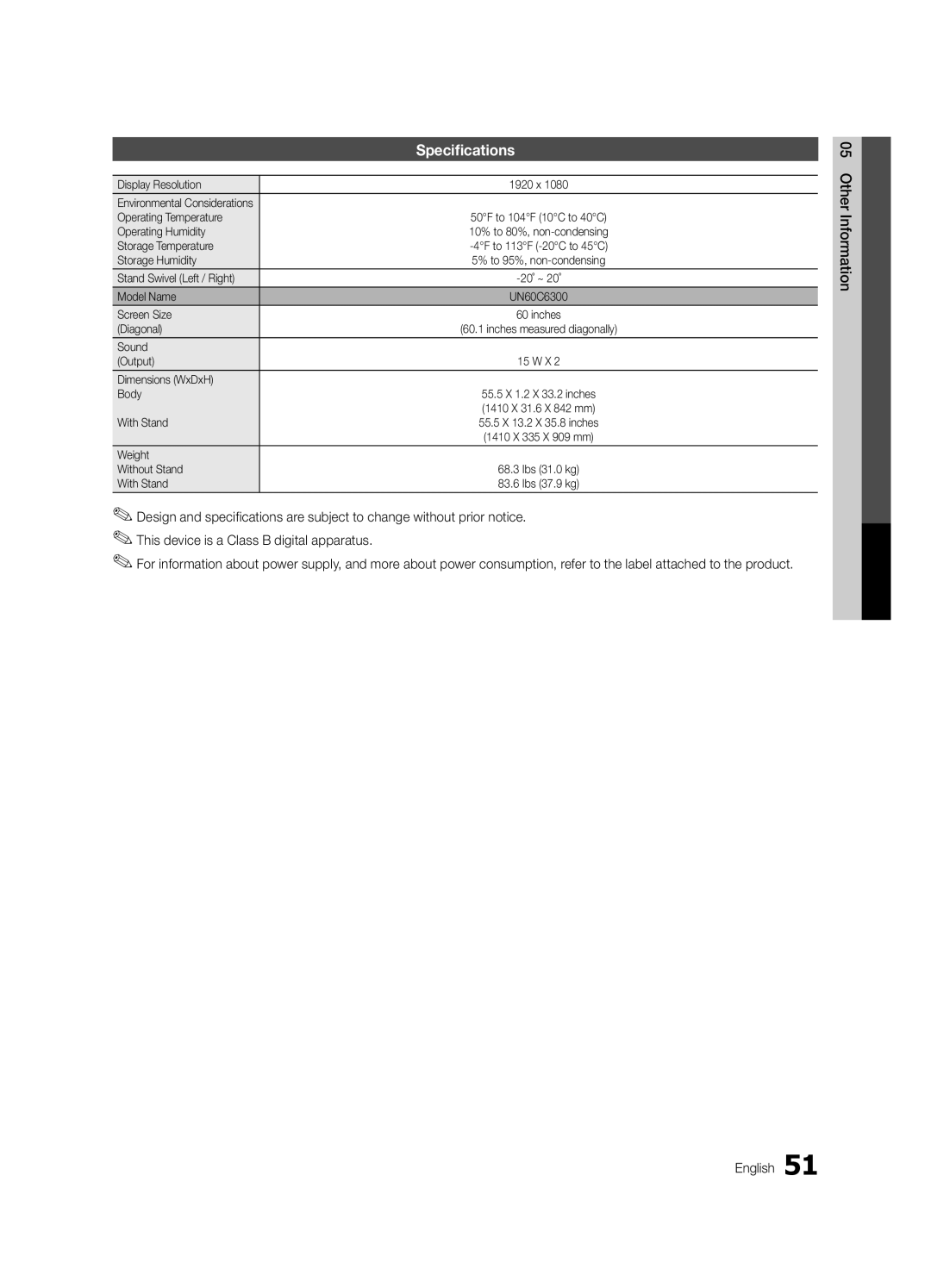 Samsung BN68-02956A-02, UN60C6300SFXZA, Series C6 6300 user manual Specifications 