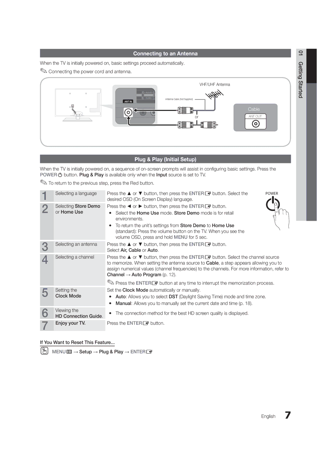 Samsung UN60C6300SFXZA, BN68-02956A-02, Series C6 6300 Connecting to an Antenna, Plug & Play Initial Setup, Enjoy your TV 