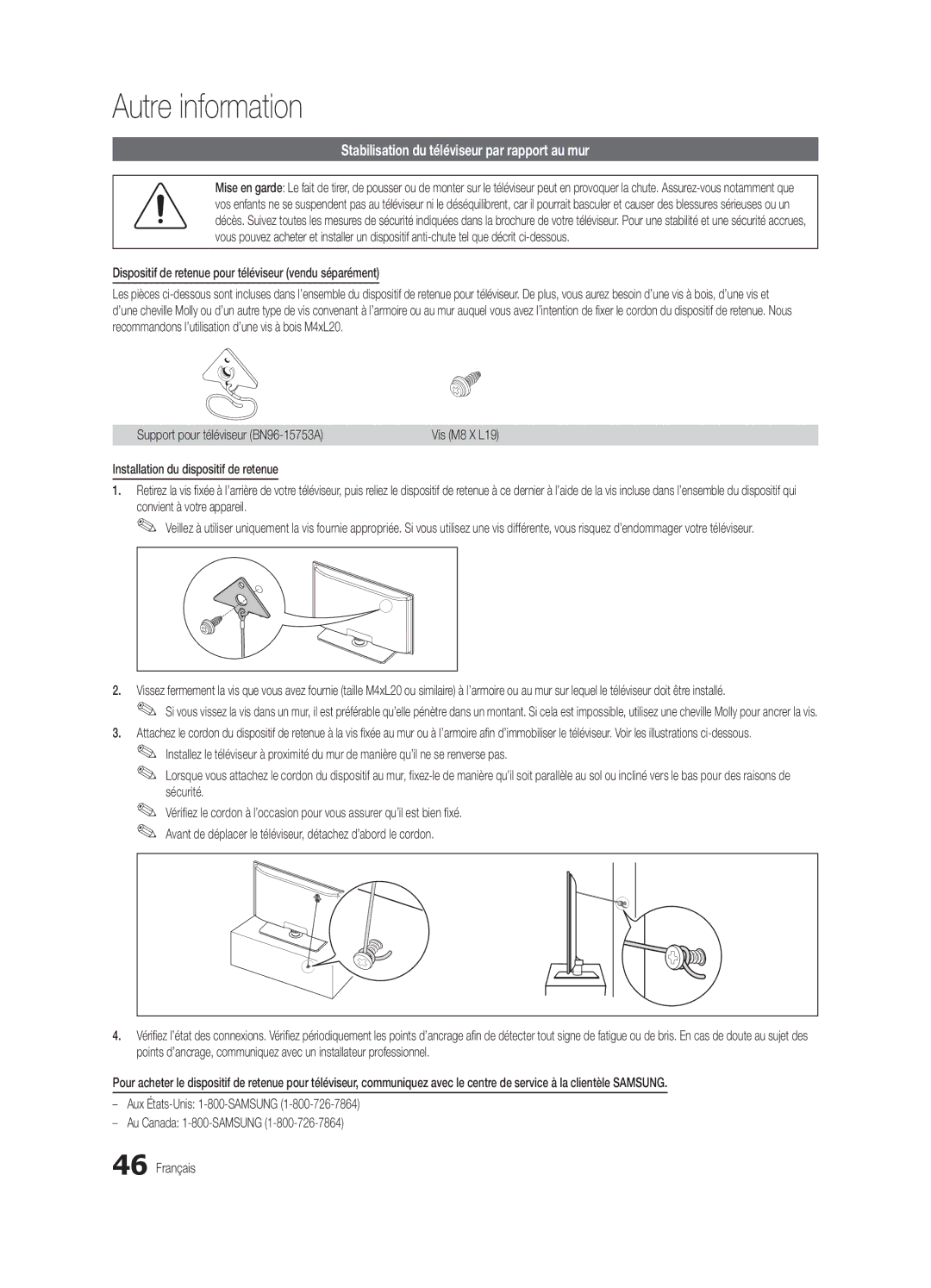 Samsung BN68-02956B-02 user manual Stabilisation du téléviseur par rapport au mur, Support pour téléviseur BN96-15753A 