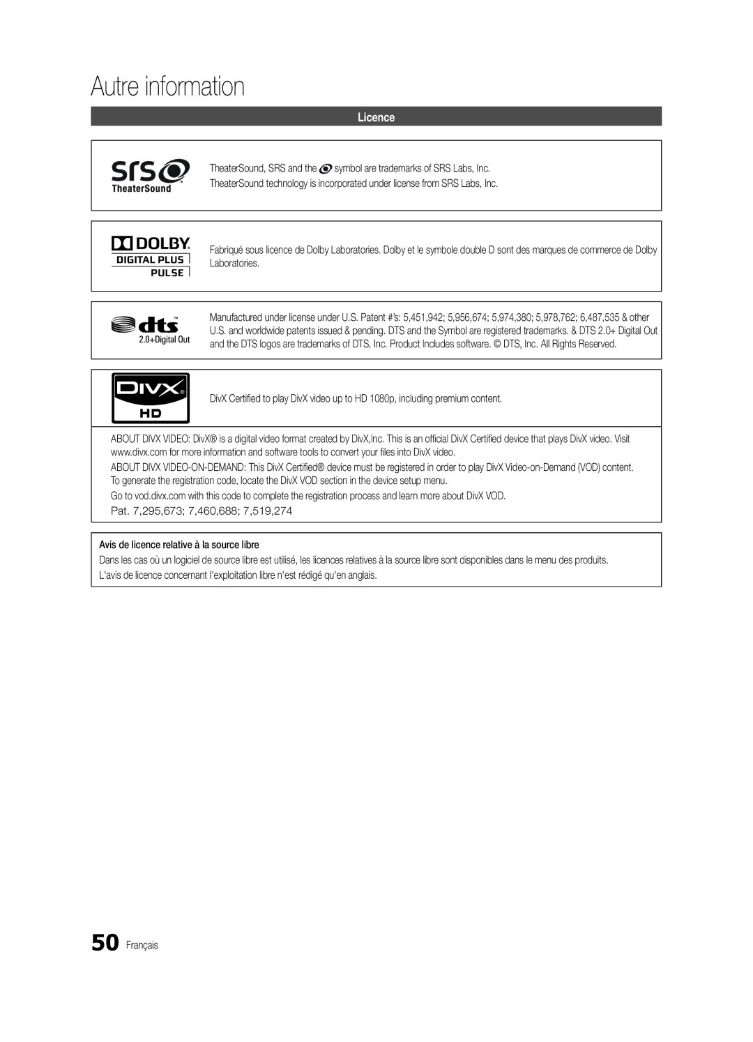 Samsung BN68-02956B-02 user manual Licence, Avis de licence relative à la source libre 