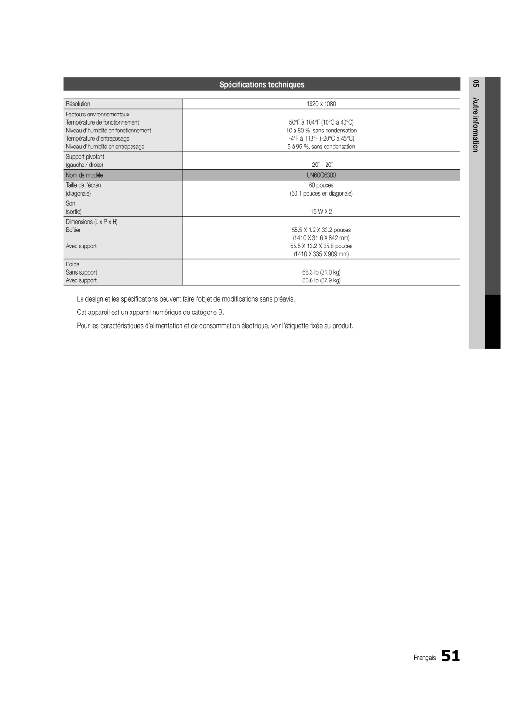 Samsung BN68-02956B-02 user manual Spécifications techniques 