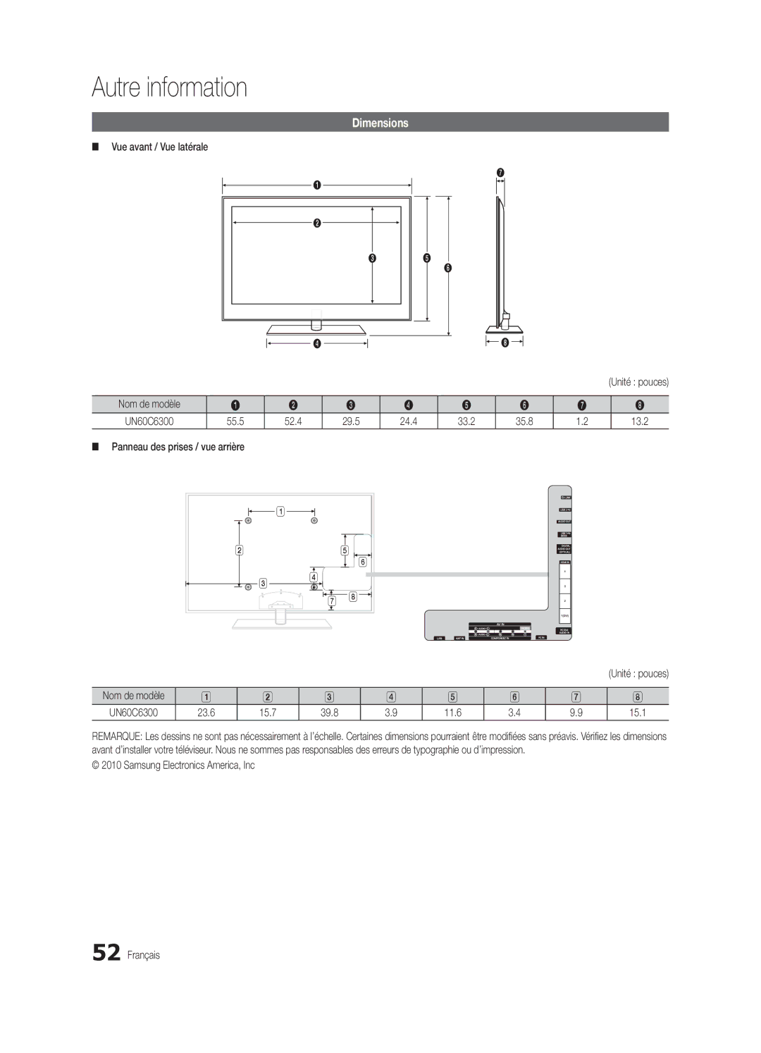 Samsung BN68-02956B-02 user manual Vue avant / Vue latérale, Panneau des prises / vue arrière, 23.6 15.7 39.8 11.6 15.1 