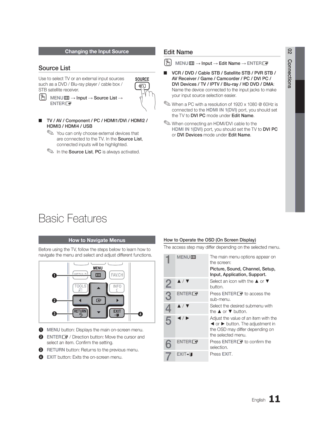 Samsung BN68-02956B-02 user manual Basic Features, Source List, Edit Name, Changing the Input Source, How to Navigate Menus 