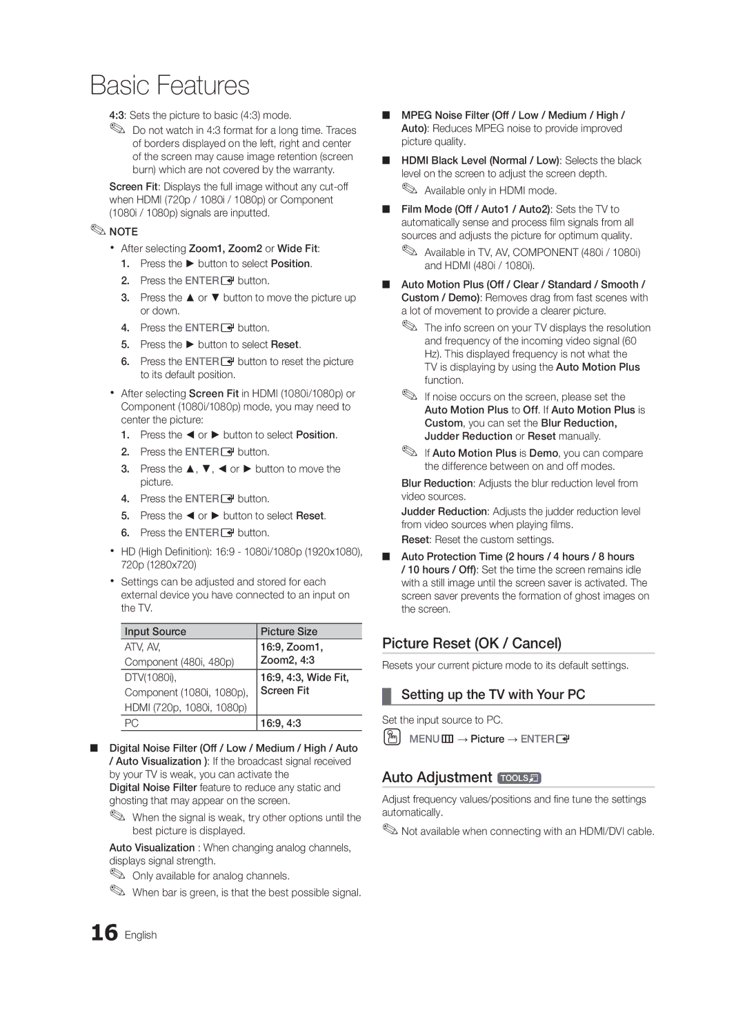 Samsung BN68-02956B-02 user manual Picture Reset OK / Cancel, Auto Adjustment t, Setting up the TV with Your PC 