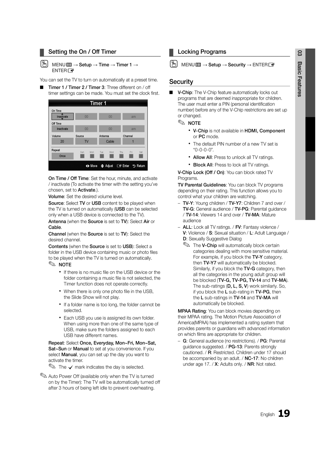 Samsung BN68-02956B-02 user manual Security, Setting the On / Off Timer, OO MENUm→ Setup → Time → Timer 1 → 